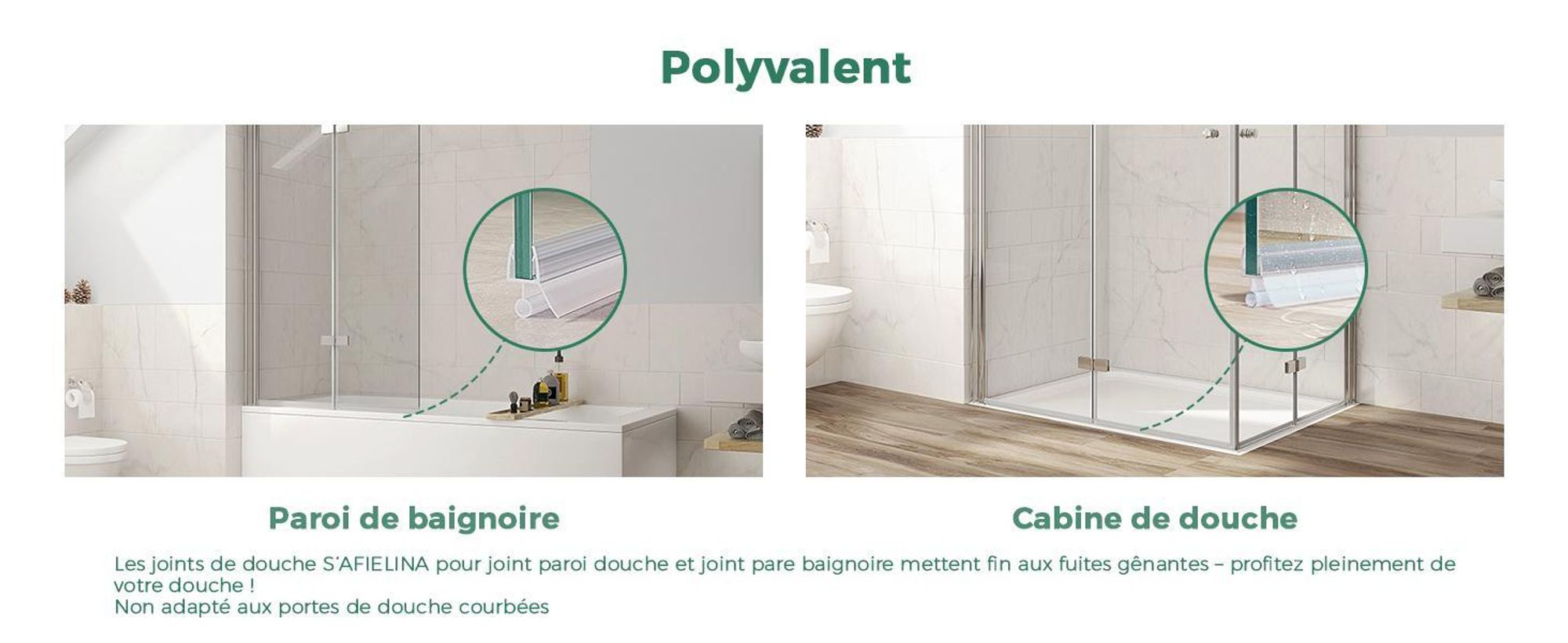 S'AFIELINA joint de rechange déflecteur d'eau joint de douche protection anti-vibration cabine de douche salle de bain 7-8mm verre 100cm 2 pièces