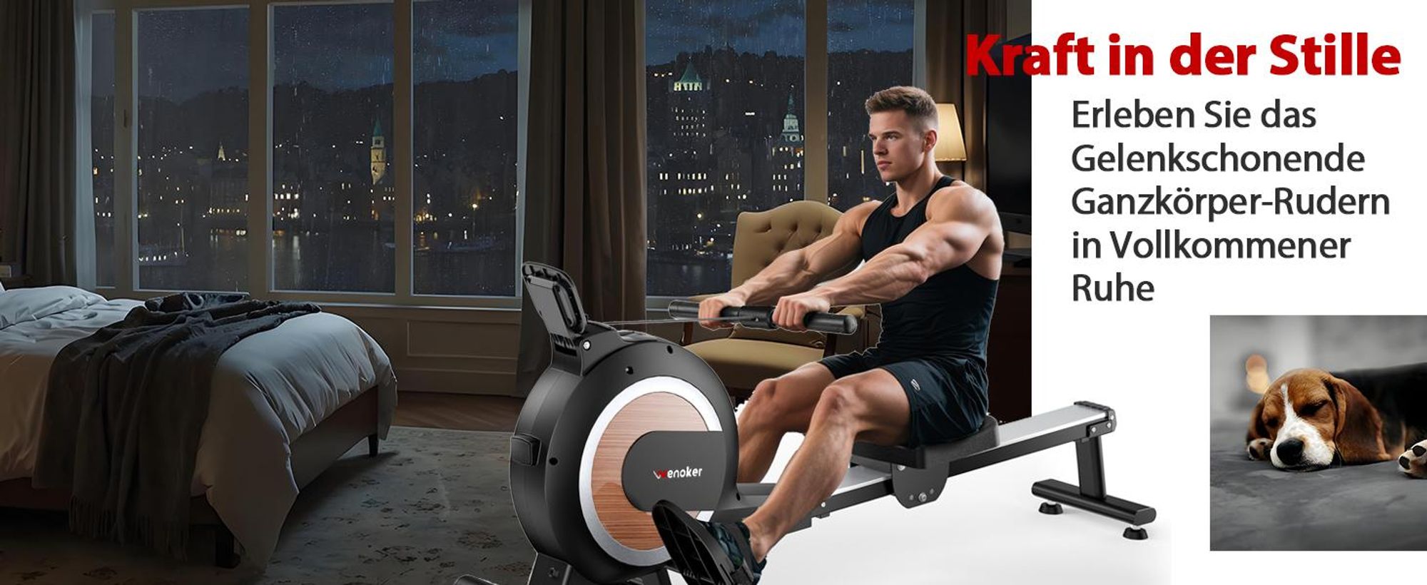 WENOKER Rudergerät mit Magnetbremse, Aluminium-Schiene, 16 Widerstandsstufen, LCD-Display, Bluetooth & Kinomap kompatibel, bis 160 kg