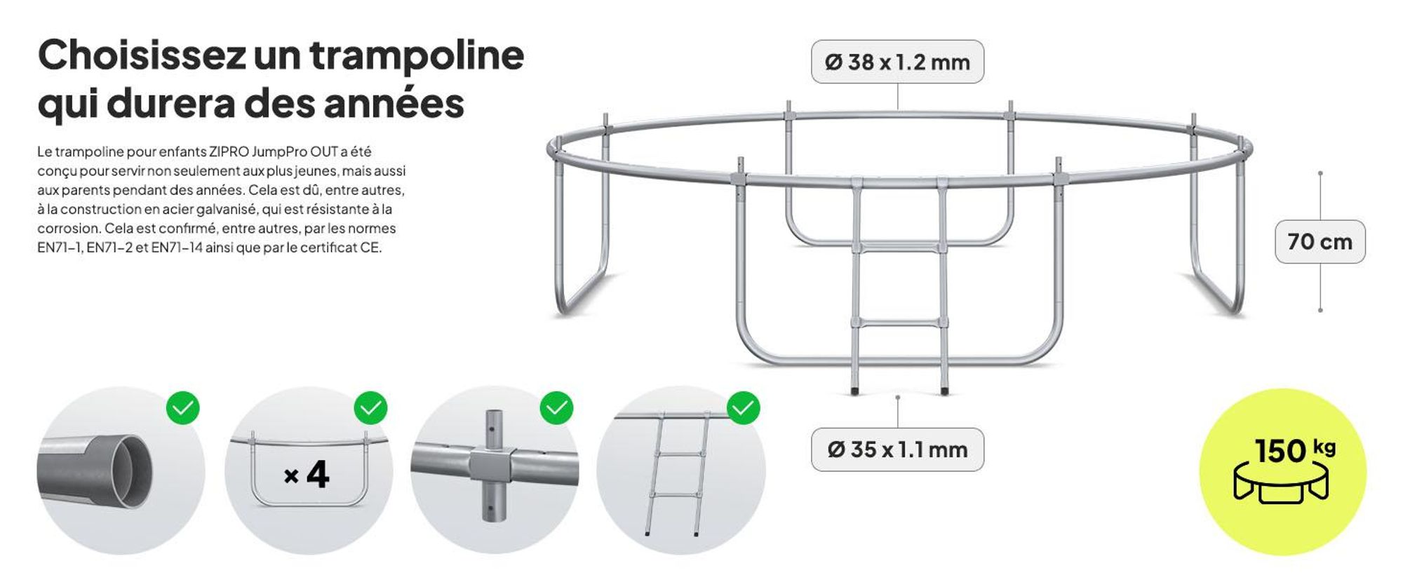 Trampoline ZIPRO Jump Pro Out | 10FT Ø 312 cm | Trampoline de jardin Trampoline pour enfants Kit complet avec filet extérieur, échelle et housse de protection, pour l'extérieur, vert