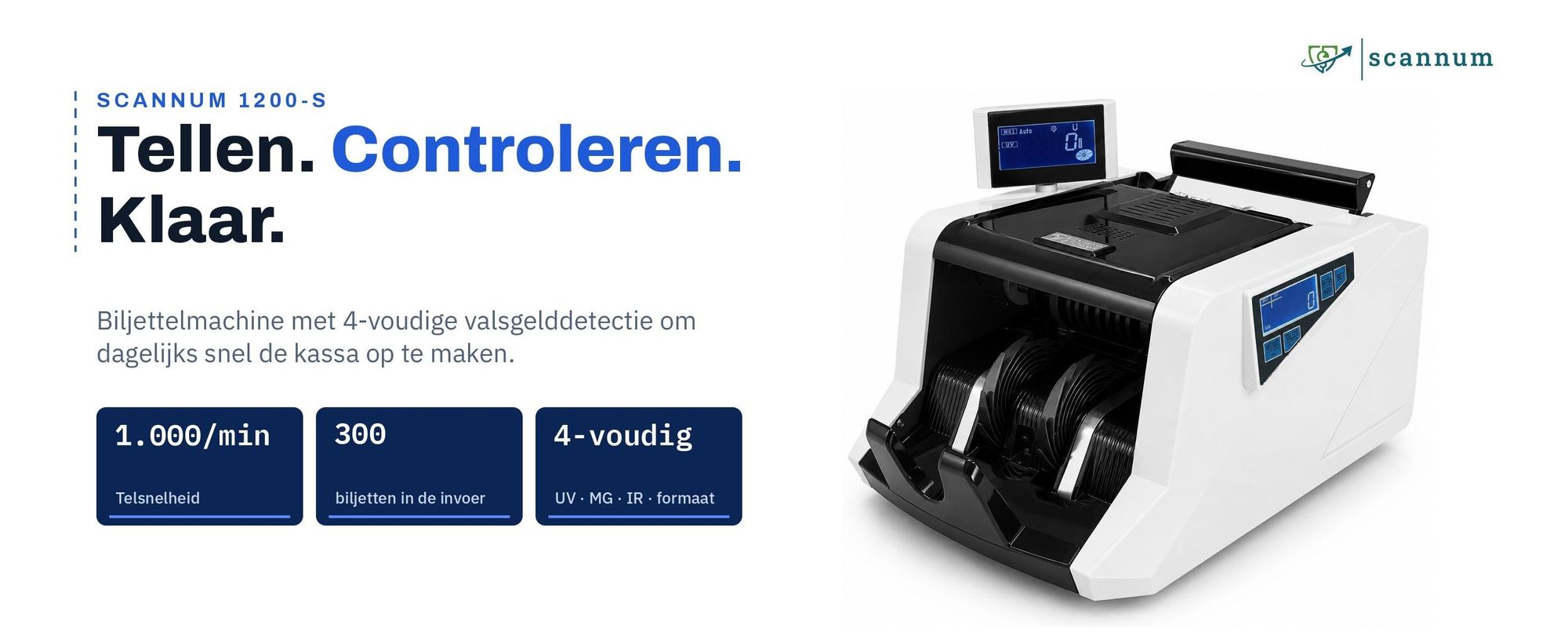 SCANNUM 1200-S geldtelmachine met 4-voudige valsgelddetectie, 1.000 biljetten per minuut