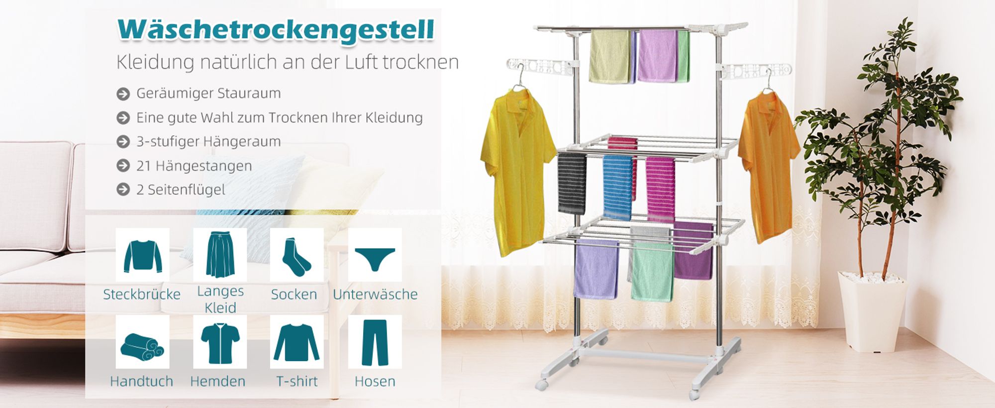 Mobiler Wäscheständer Wäschetrockner-Turm Seitenflügel auf 3/4 Ebenen klappbar