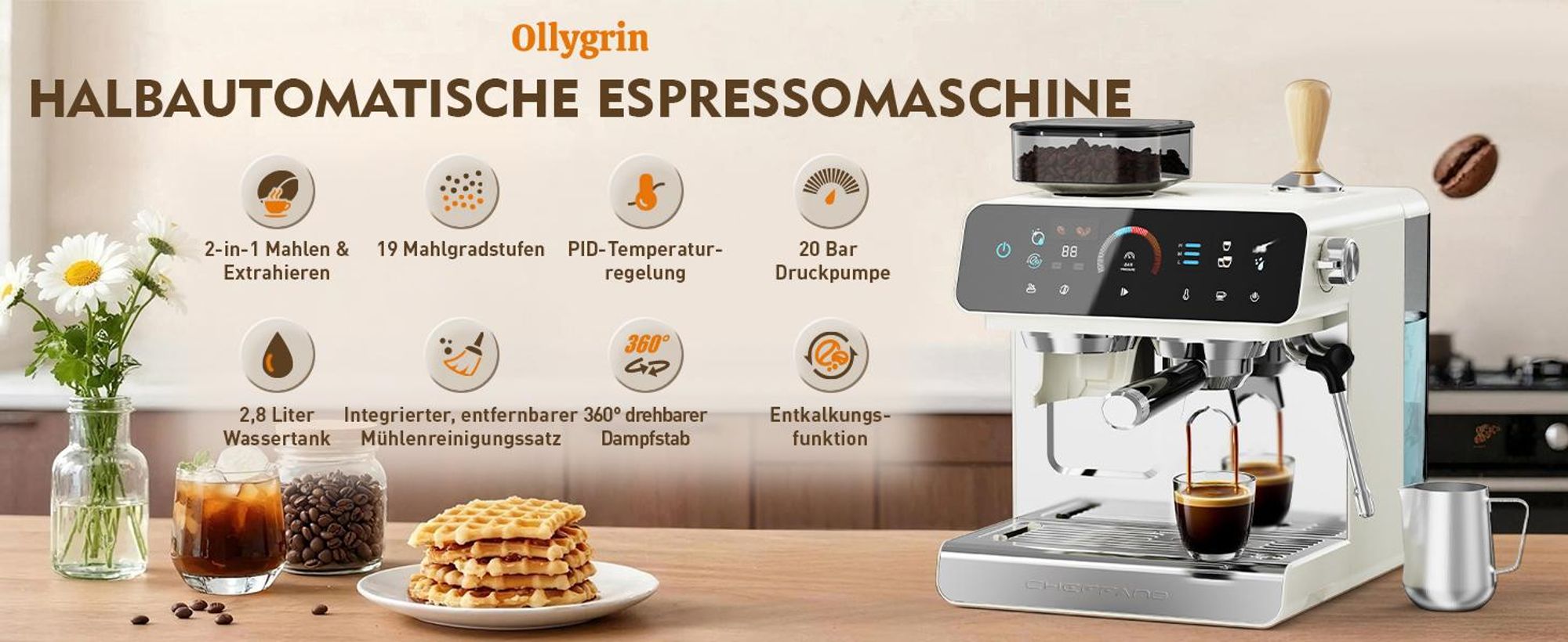 CHEFFANO Espressomaschine mit integriertem Mahlwerk, 20 Bar Pumpdruck, Milchaufschäumer für Cappuccino und Latte, 19 Mahlstufen und 2,8 L abnehmbarer