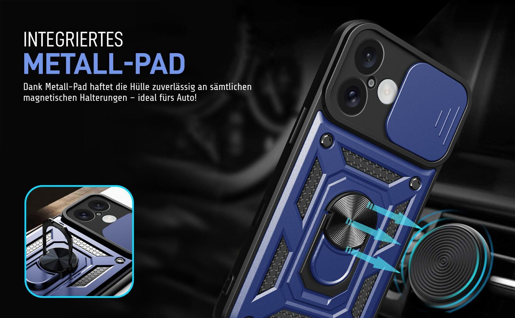 Bumper für Apple iPhone 16 in Blau mit Metallplatte