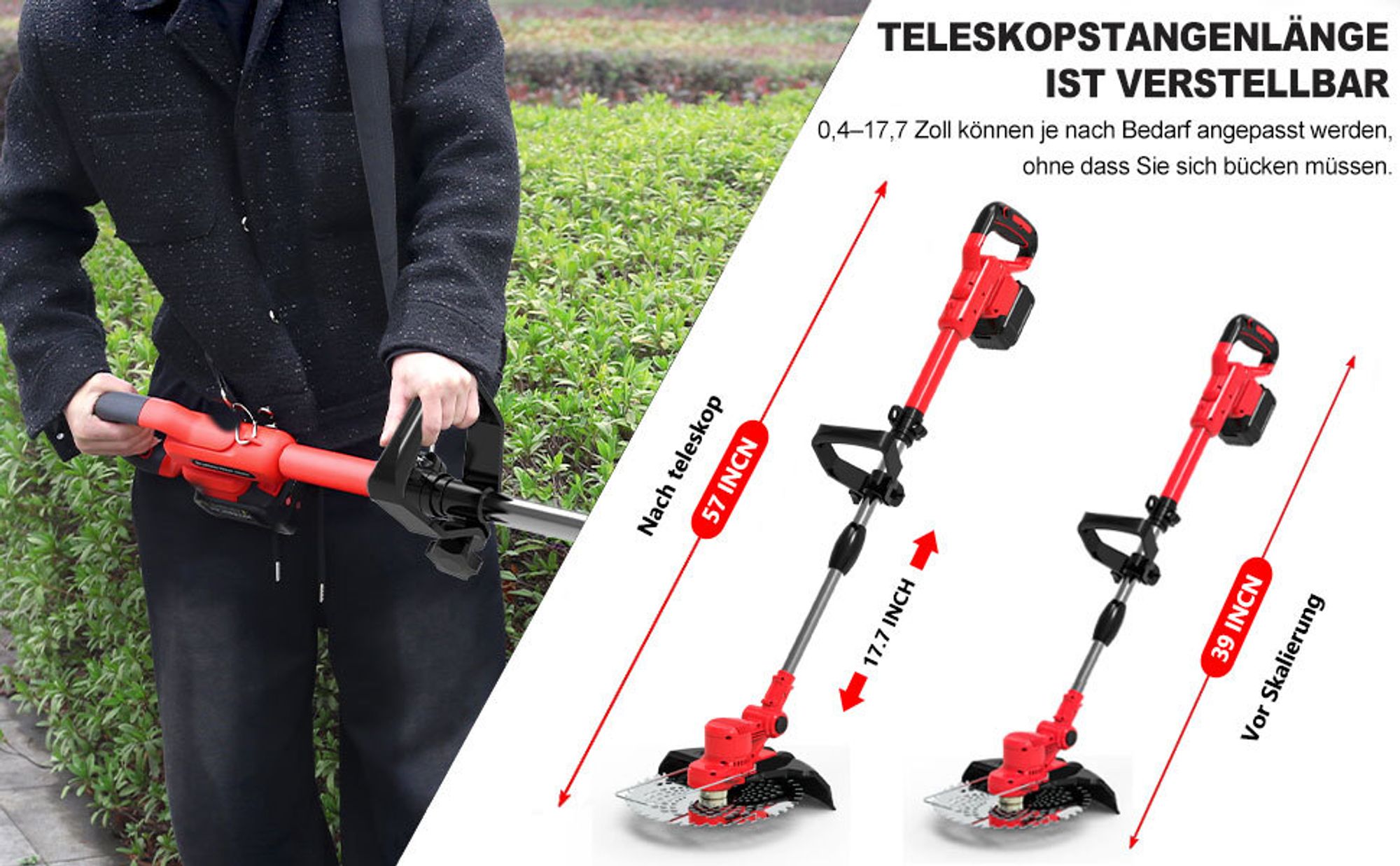 Akku Rasentrimmer mit 2× 4000mAh Akku 21V, 750W Bürstenloser Motor Rasentrimmer mit Unkrautbürste, Freischneider Akku & Ladegerät | Rot