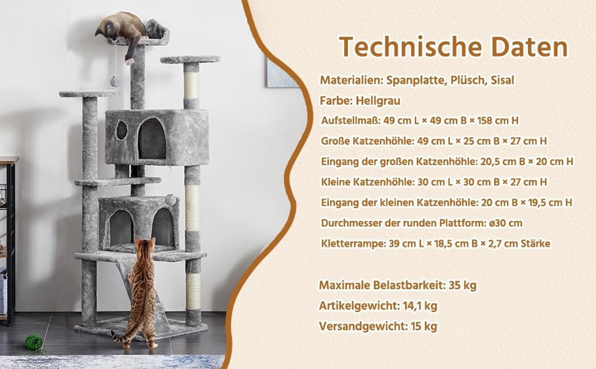 Yaheetech Kratzbaum 158 cm, mit Sisalstämmen, stabiler Katzenkratzbaum, Kletterbaum für Katzen, Hellgrau