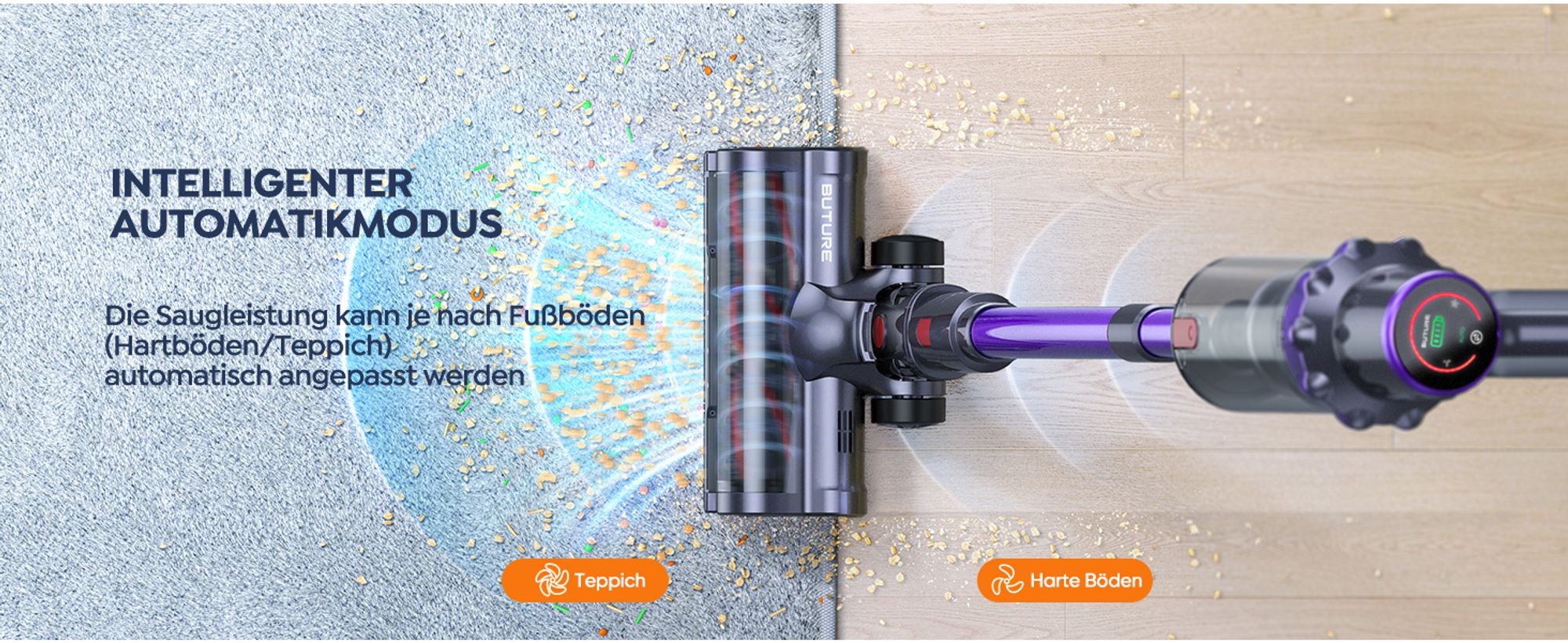 BUTURE VC70 Akku-Staubsauger kabellos 500W 48000Pa Handstaubsauger HEPA LED-Display beutellos