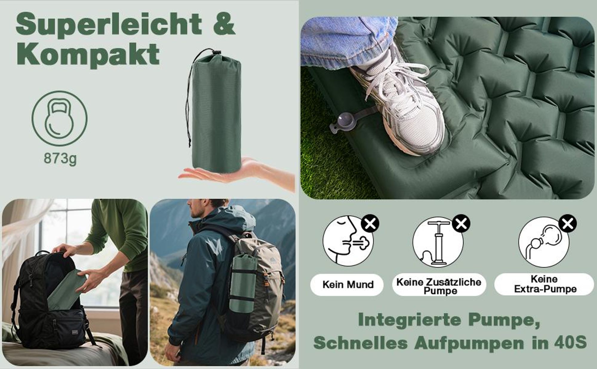Camping Isomatte, Luftmatratze Selbstaufblasend, Schlafmatte mit Kissen & Fußpumpe, 2m Kompakte Leichte Schlafmatte für Camping Rucksackreisen Wandern