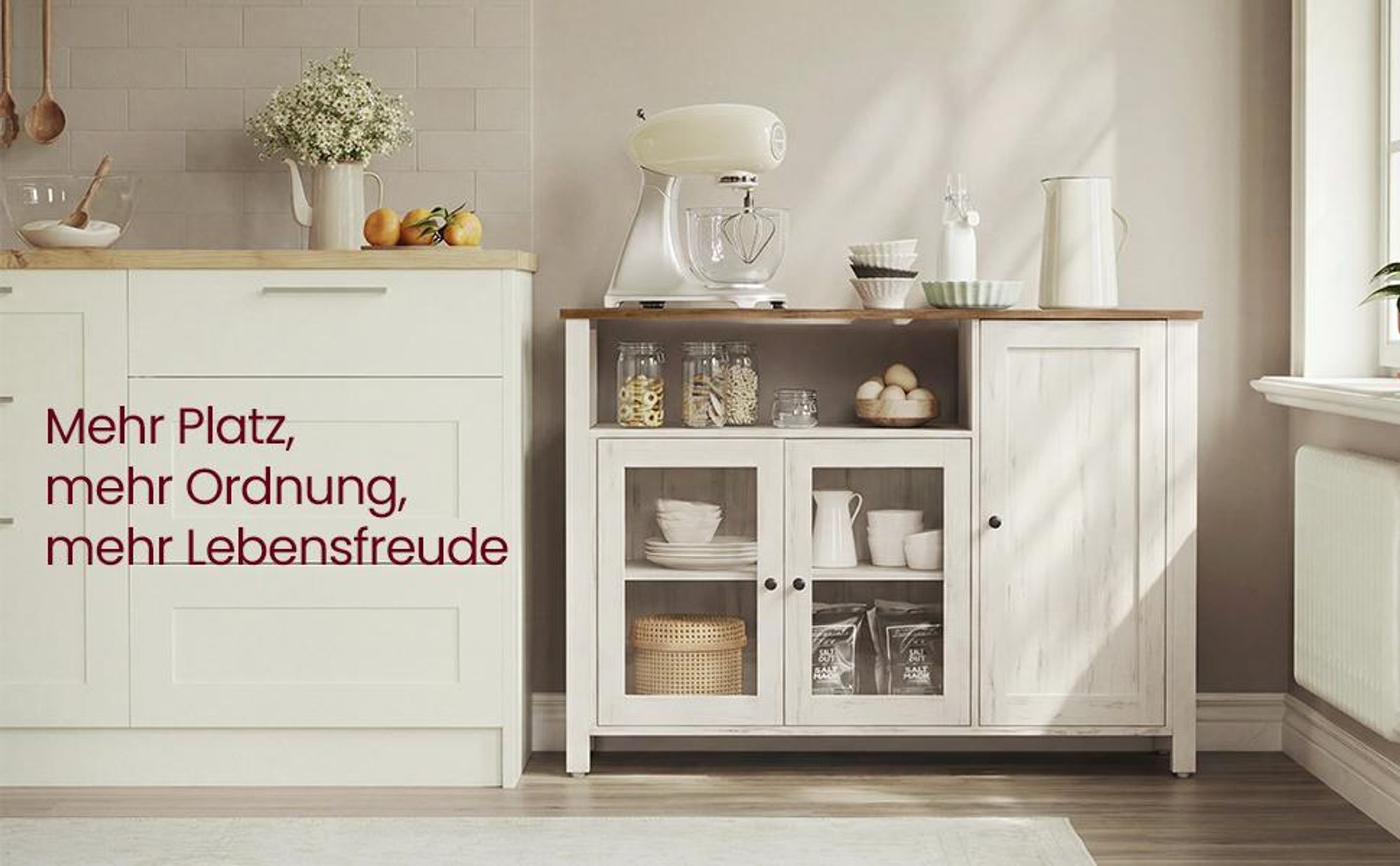 VASAGLE Küchenschrank, 33 x 110 x 75 cm, Aufbewahrungsschrank im Landhausstil, für Esszimmer oder Küche, braun-weiß