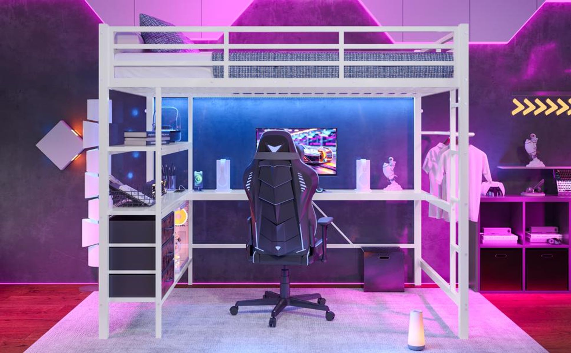 Merax Etagenbett Hochbett 140x200 cm, mit LED, Schreibtisch mit Steckdose und USB, 3 Schubladen, Regale, Aufhänger, Stockbett Kinderbett, Weiß