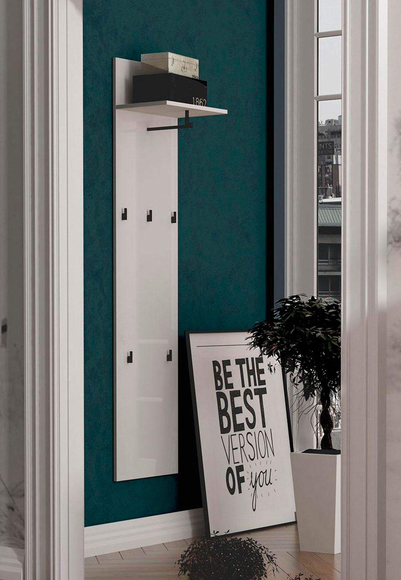 möbelando Wandgarderobe Glossy – Garderobenpaneel mit 5 Haken und Ablageboden