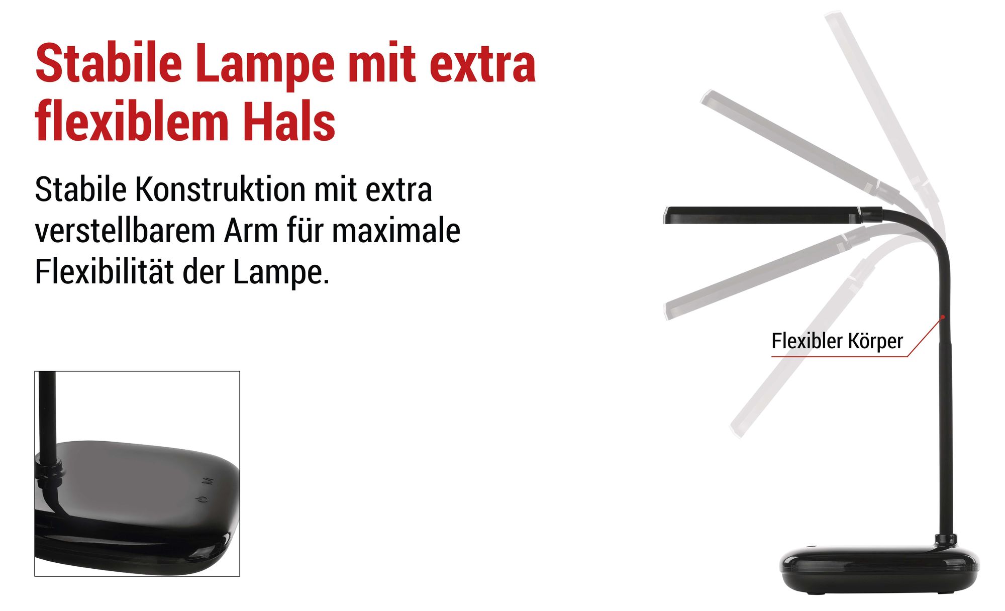 EMOS LED Tischlampe MOLLY 12W, Helligkeit 650lm, dimmbar, einstellbare Lichtfarbe, flexibler Lampenarm, 1,5m Ladekabel + Netzadapter, schwarz, Z7638B