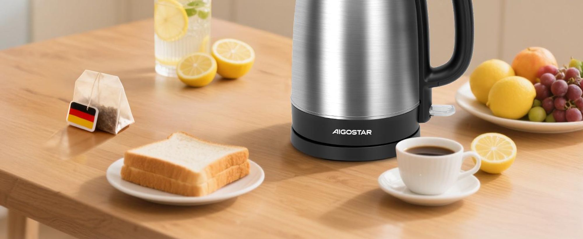 Aigostar 30LYF/300104LYF Schnurloser Wasserkocher, Edelstahlgehäuse, 1,7 l FÃ1/4llmenge, 2200 Watt, 360° Sockel, Trockengehschutz, Abschaltautomatik