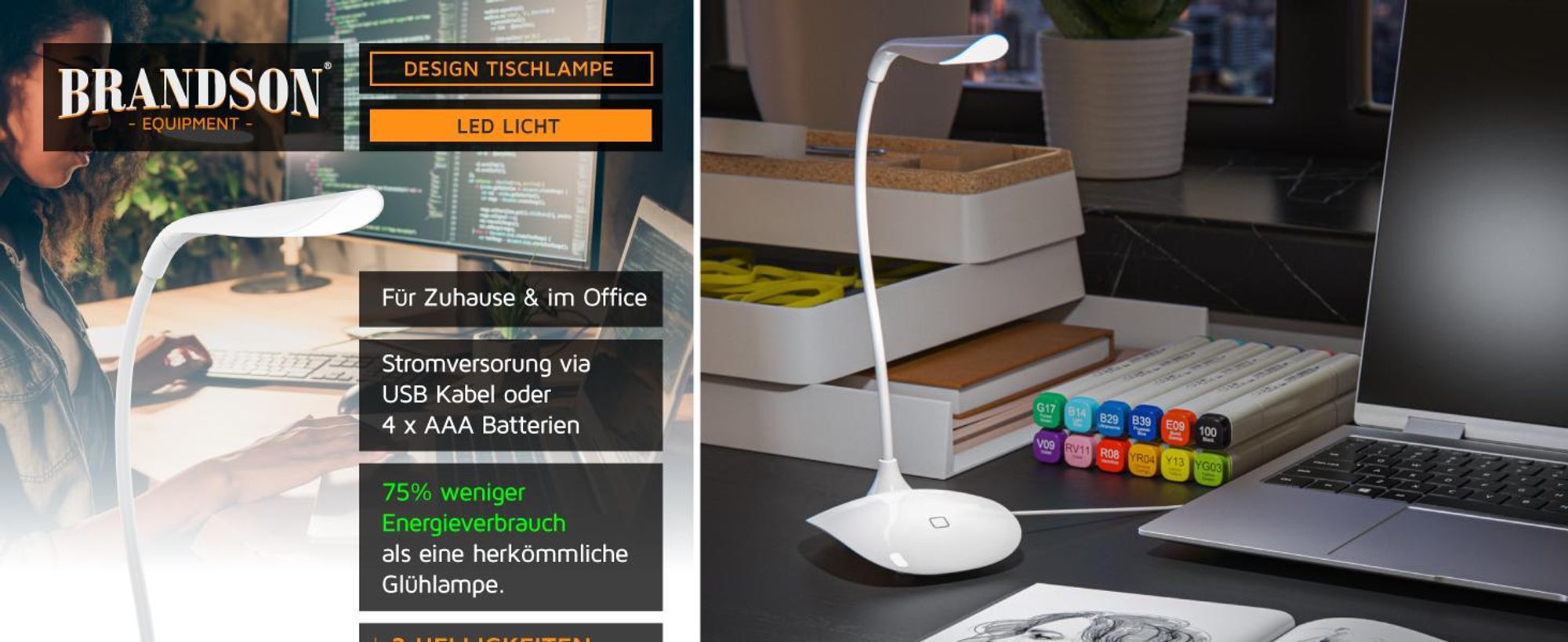 Brandson LED-Schreibtischlampe weiß, LED-Tischlampe mit USB- oder Batteriebetrieb