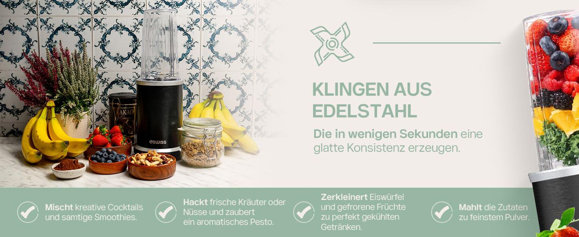 4Swiss NB102 Smart Blender Standmixer – 1000W Hochleistungsmixer, Smoothie Maker Set inkl. Becher & To-Go Deckel, 6-fach Edelstahlklinge, Ice Crusher