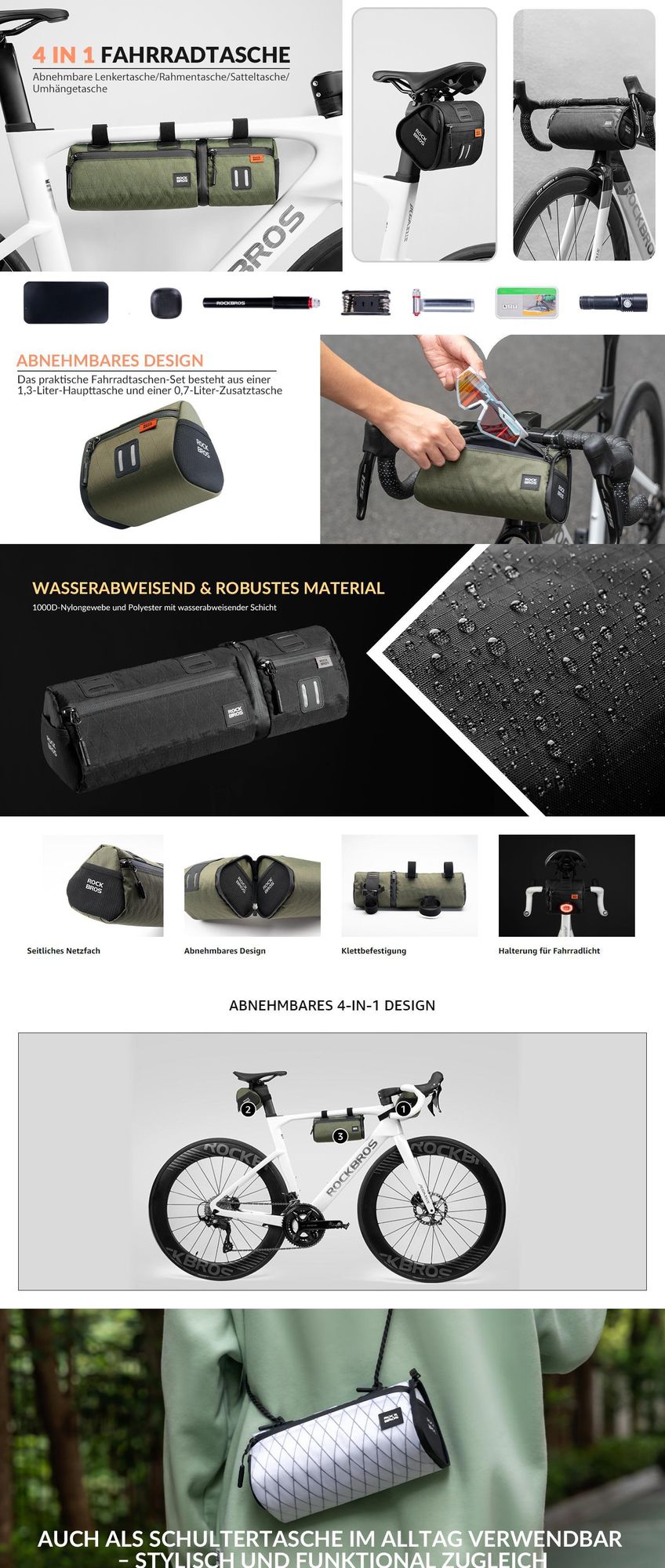 ROCKBROS 4-in-1 Fahrradtasche Doppeltasche Lenkertasche Rahmentasche Wasserabweisend und Robust, Bike Bag Multifunktion Tasche 2L Grün