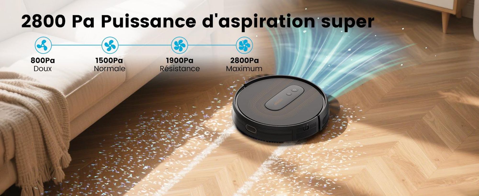 Robot aspirateur AIRROBO G50, puissance d'aspiration de 4 000 Pa,via application, autonomie de 120 minutes, grand bac à poussière de 600 ml, robot aspirateur optimisé pour les tapis et les poils d'animaux