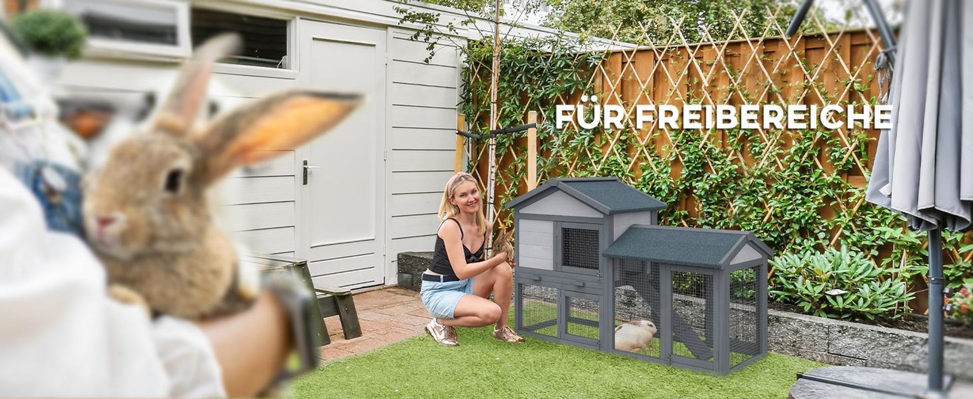 PawHut Kleintierstall mit Freilauf Kleintierkäfig für draußen Tannenholz Grau