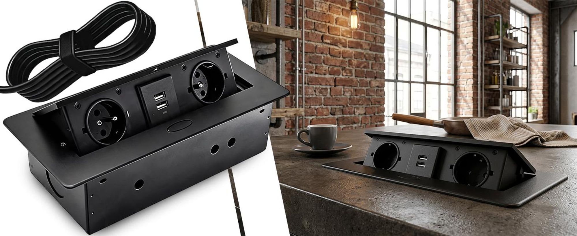 Versenkbare Aluminium Einbausteckdose 2-fach & 2 USB Anschlüssen, 2500W/16A, Tischsteckdose mit 1.5M Kabel für Arbeitsplatte Küche Büro Schwarz, Retoo