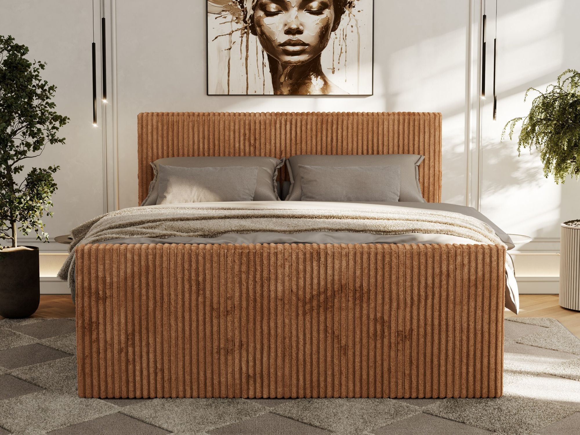 Foto von Boxspringbett. Bett aus orange Cordstoff