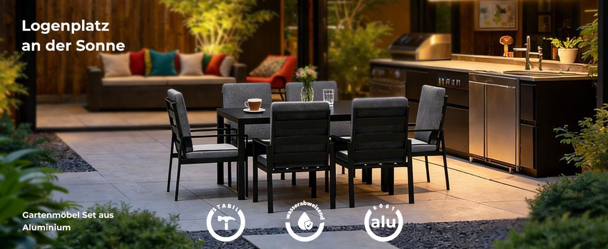 MeXo Gartenlounge-Set Gartenmöbel Set Aluminium 4 Personen, wetterfeste Garten-Essgruppe mit dicke Kissen & Esstisch 140x80x70cm, Outdoor Indoor Möbel