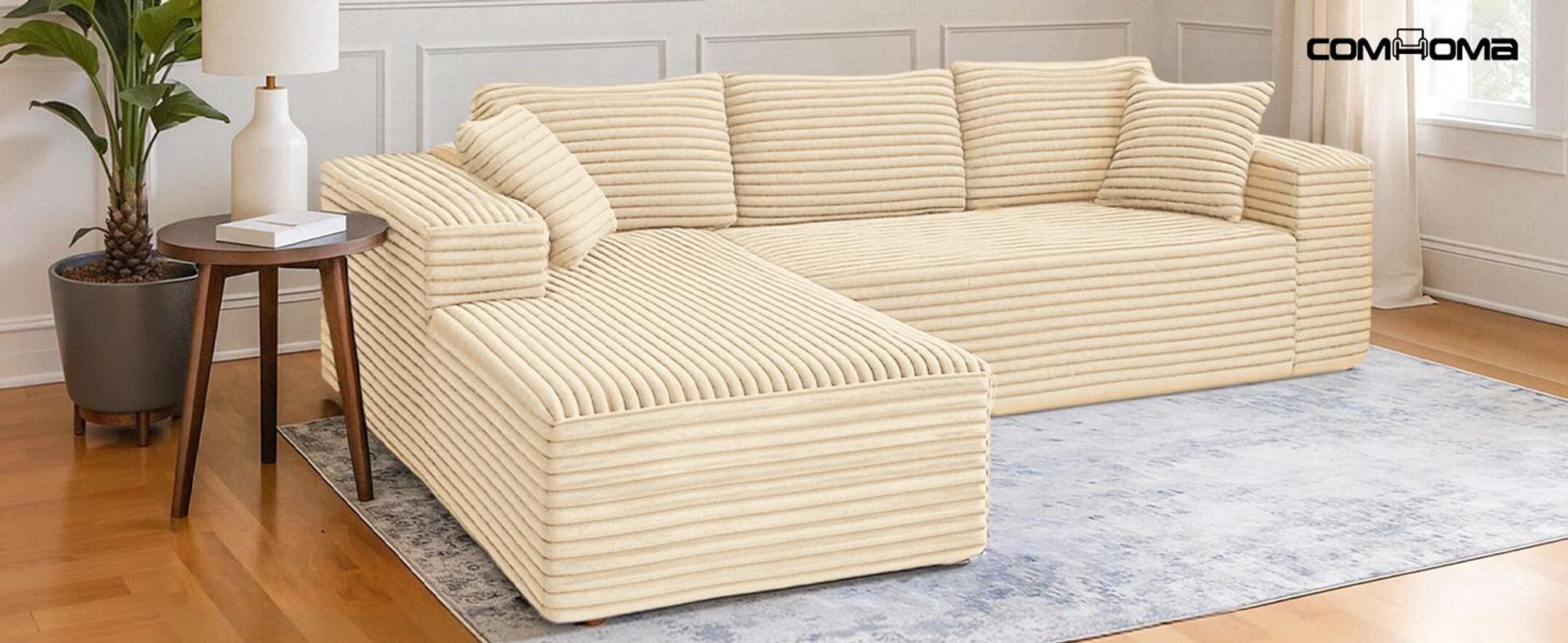 COMHOMASofa Big-Sofa, Canapé en L, Canapé d'angle, Chaiselongue Canapé-lit avec assise profonde et larges accoudoirs, tissu velours côtelé, beige-R