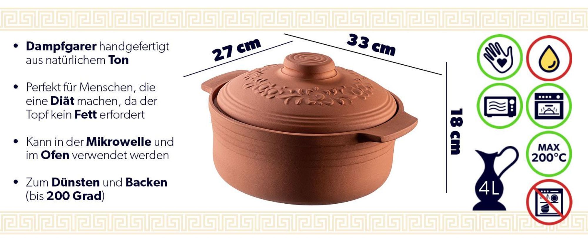 KADAX Auflaufformen 4L, Keramiktopf mit Deckel, Tonbräter, Oval, Dampfgarer aus natürlichen Materialien