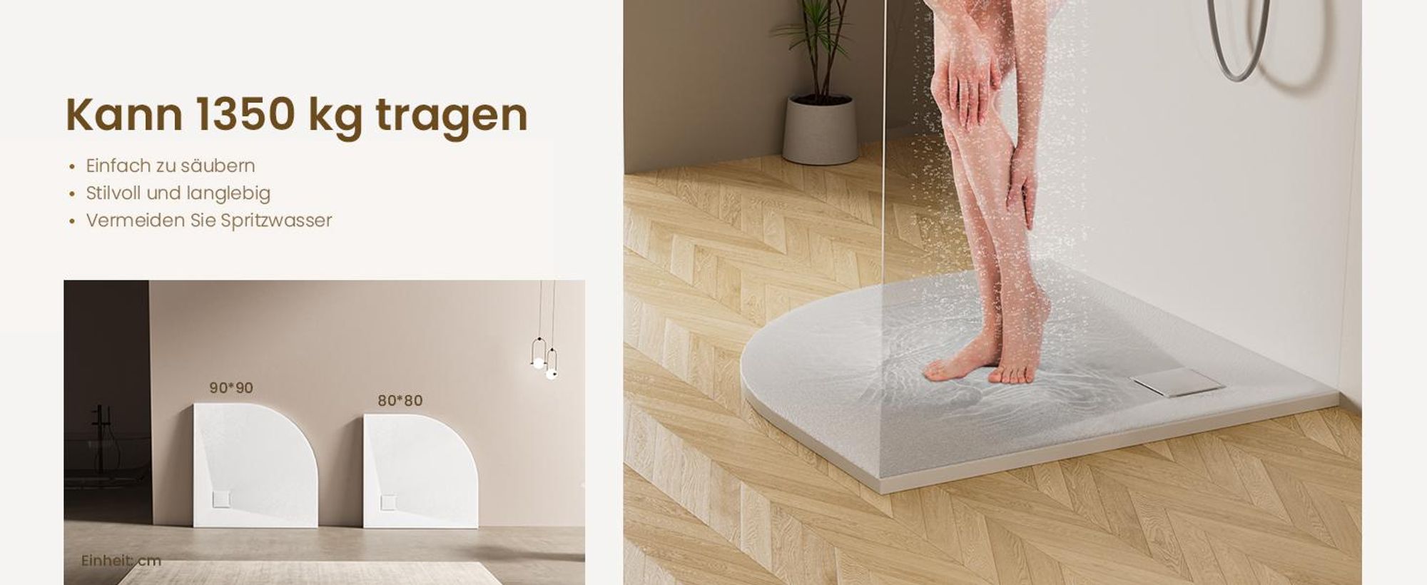 EMKE Duschwanne 90x90cm Duschtasse mit Rutschfeste Flach Brausewanne Schneidbar Weiß Fächerförmige Brausewanne SMC Steinoptik