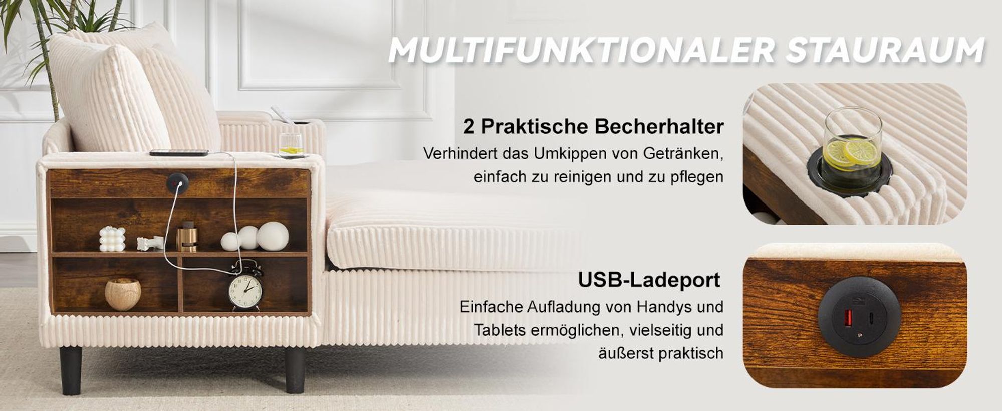 LVHOM Schlafsofa mit LED & USB, Chaiselongue mit Becherhalter & Stauraum, großes Einzelsofa bis 300kg belastbar, inkl. 3 Kissen, 129x170cm, Grün