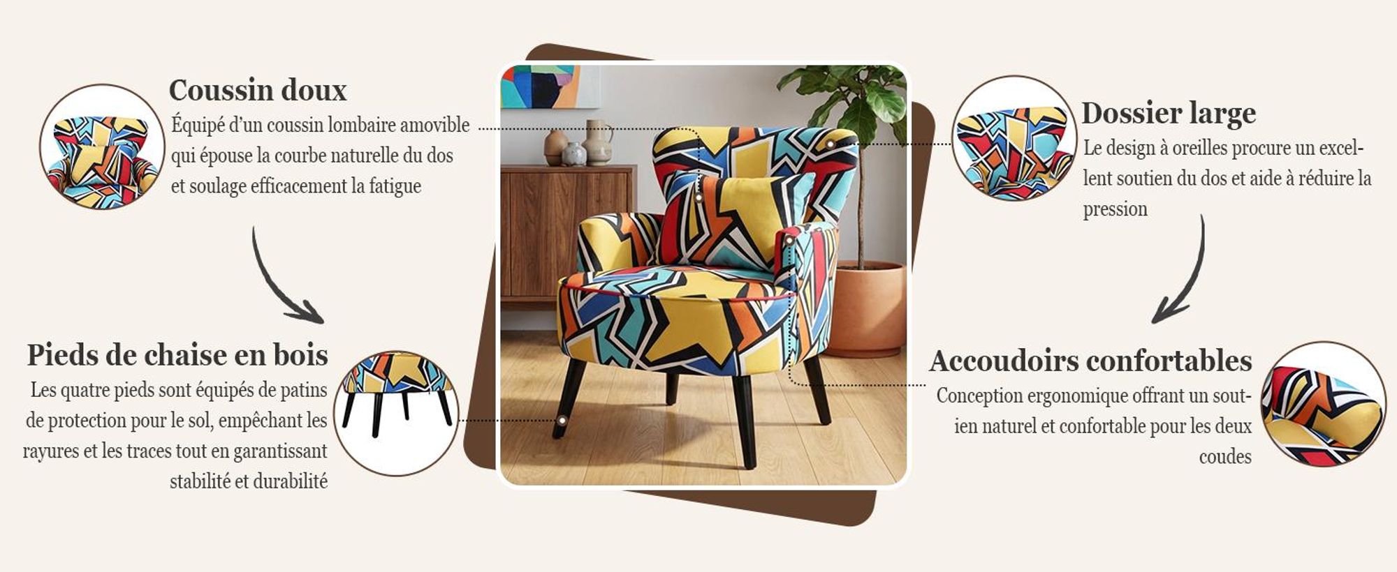 Fauteuil Salon Vintage Coloré, Oreilles Pieds Bois Fauteuil Vintage à Oreilles, Fauteuil Ergonomique avec Motif Géométrique, Charge 120 kg, pour Chamb