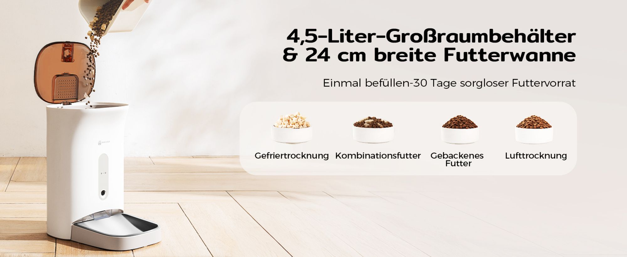 Amicura F1 Pro Futterautomat 3-Fach Frischeschutz, Anti-Blockade-System, 2.4G/5G Dual-WiFi, 4.5L Automatischer Futterspender