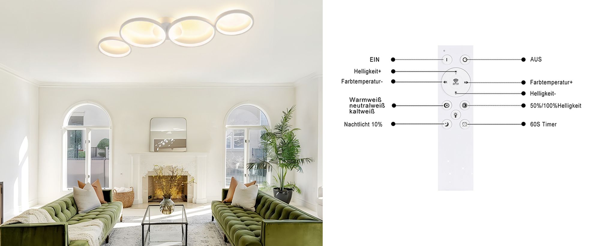 ZMH Deckenlampe LED Deckenleuchte Wohnzimmer Dimmbar Wohnzimmerlampe 100cm 4 Ringen Modern Schlafzimmerlampe 56W Schwarz Deckenbeleuchtung mit Fernbedienung Design für Schlafzimmer Büro Küche