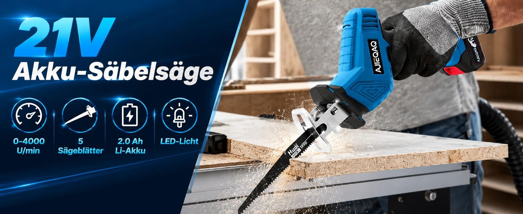 Akku-Säbelsäge 21V Brushless, Cordless Reciprocating Saw mit 2×2,0Ah Akku, 0–4000 U/min, 4 Sägeblätter, für Holz, Metall, PVC & Äste