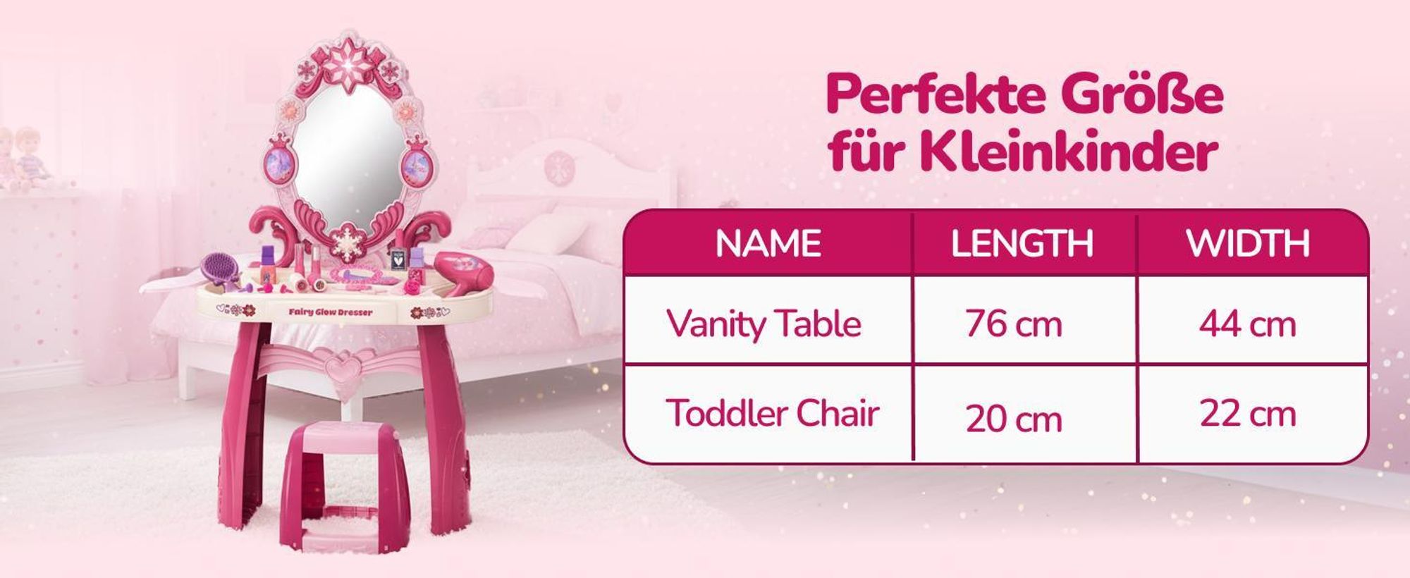 Kinderplay Schminktisch Kinder mit Licht und Sound – Frisiertisch mit Hocker, Spiegel und 32 Zubehörteilen – Kosmetiktisch Spielzeug für Mädchen ab 3