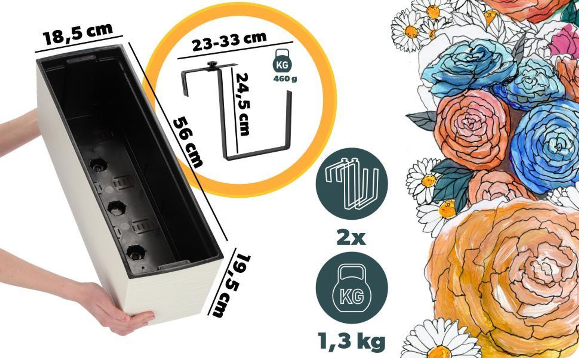 KADAX Blumentopf mit Einsatz "Treviso", 56 cm, Mit Halterungen, Ritzmuster, Creme