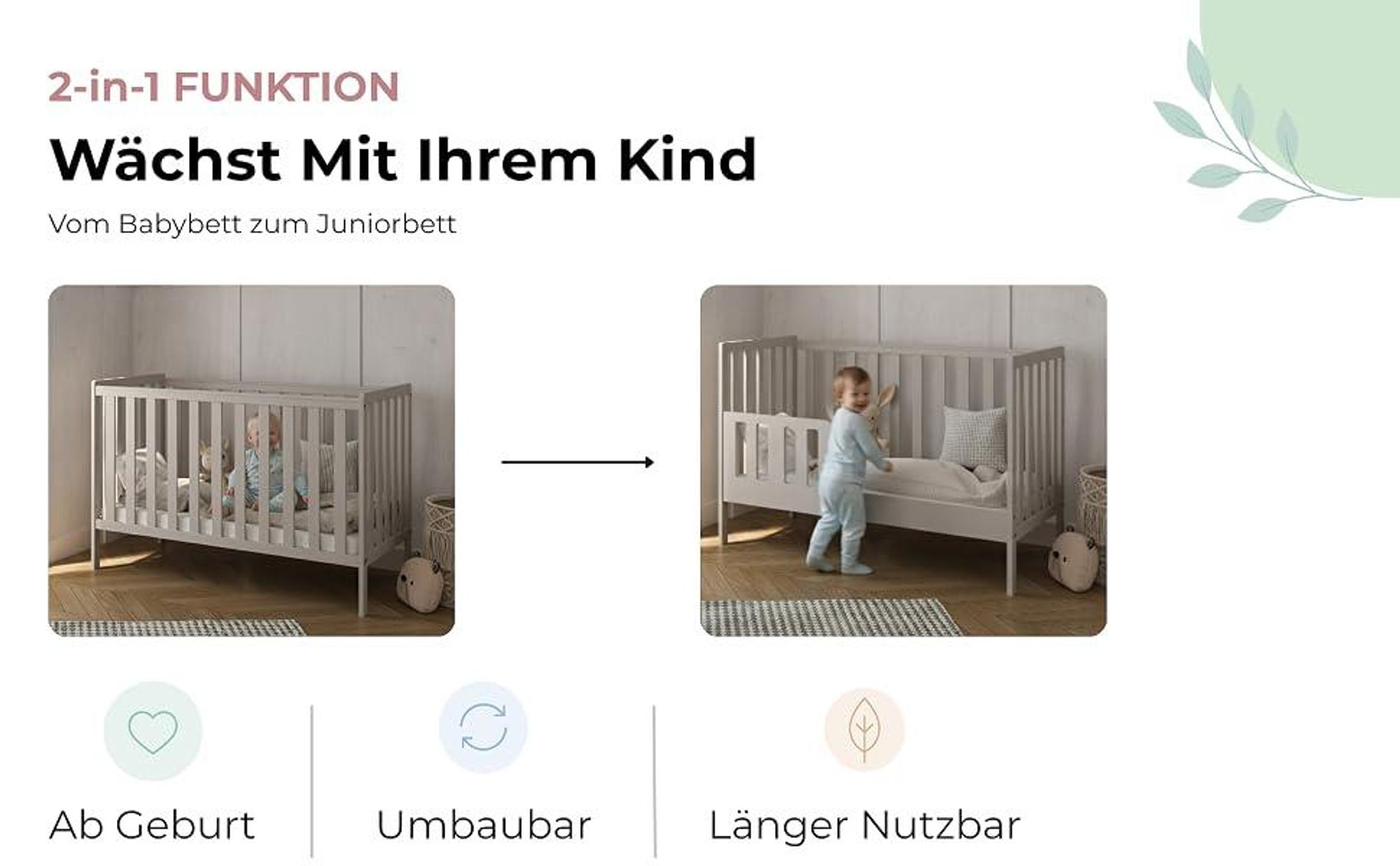 ZEE BAMBI Mint Babybett Set 120x60 cm mit Barriere + Wickelkommode LOFT mit Wickeltisch Höhenverstellbar Kinderbett mit Beißschutz
