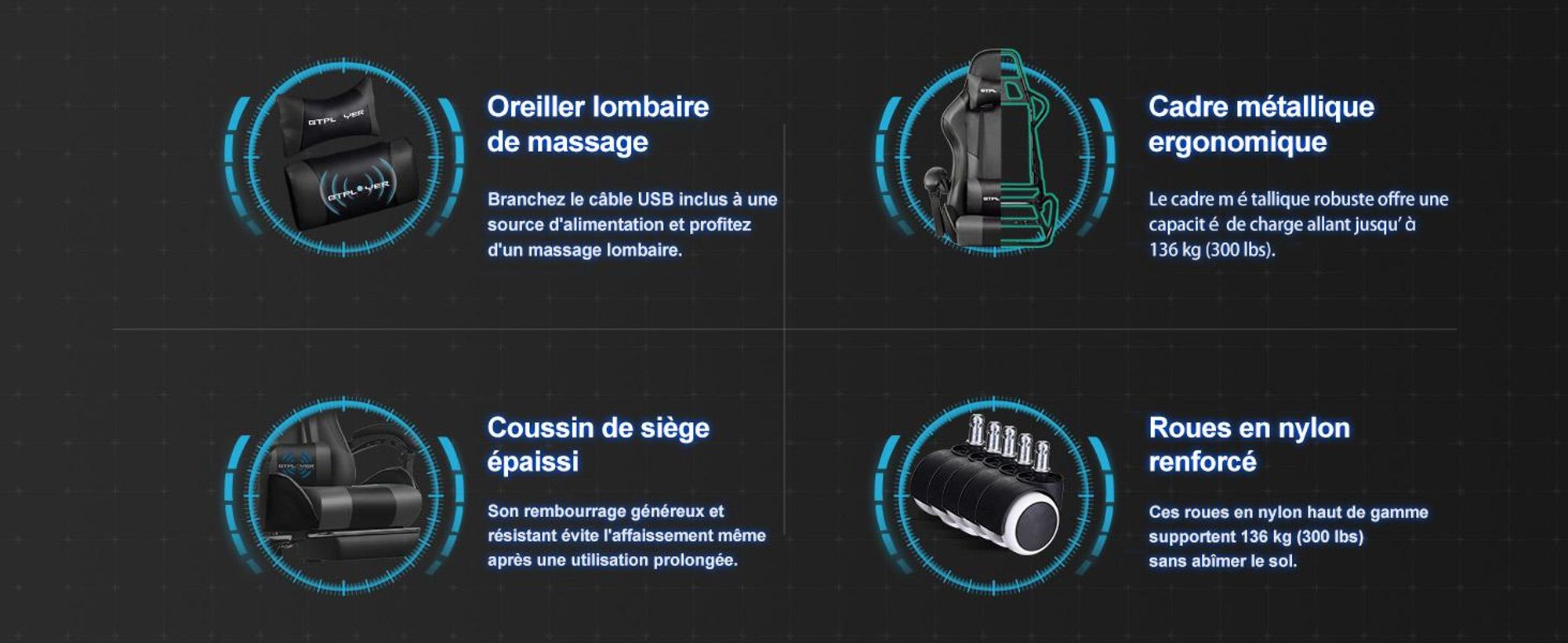 GTPLAYER gaming chair, chaise de bureau ergonomique avec fonction de massage et repose-pieds, châssis avec poignées, base en acier, gris