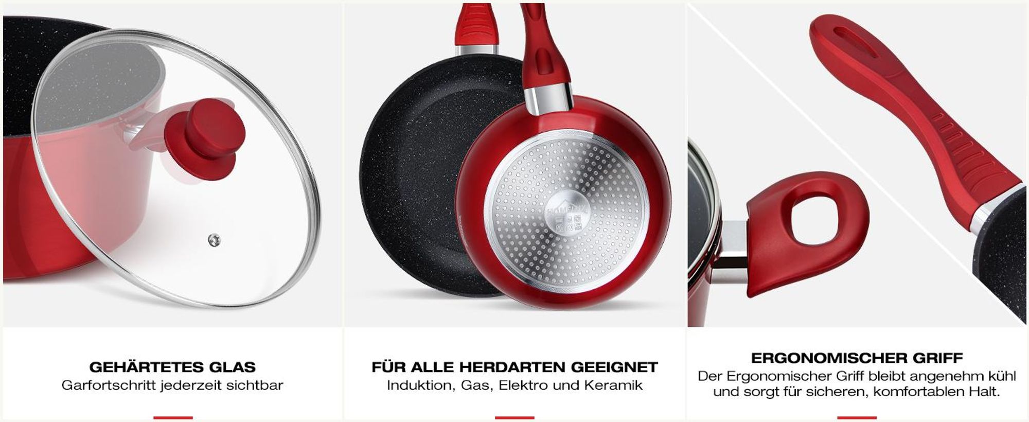 Topfset Induktion 15-Tlg Topfset Pfannenset Kochtopfset, Aluminium Antihaft-beschichtete Töpfe & pfannen,Cookware-Rot(HLCW15RD)