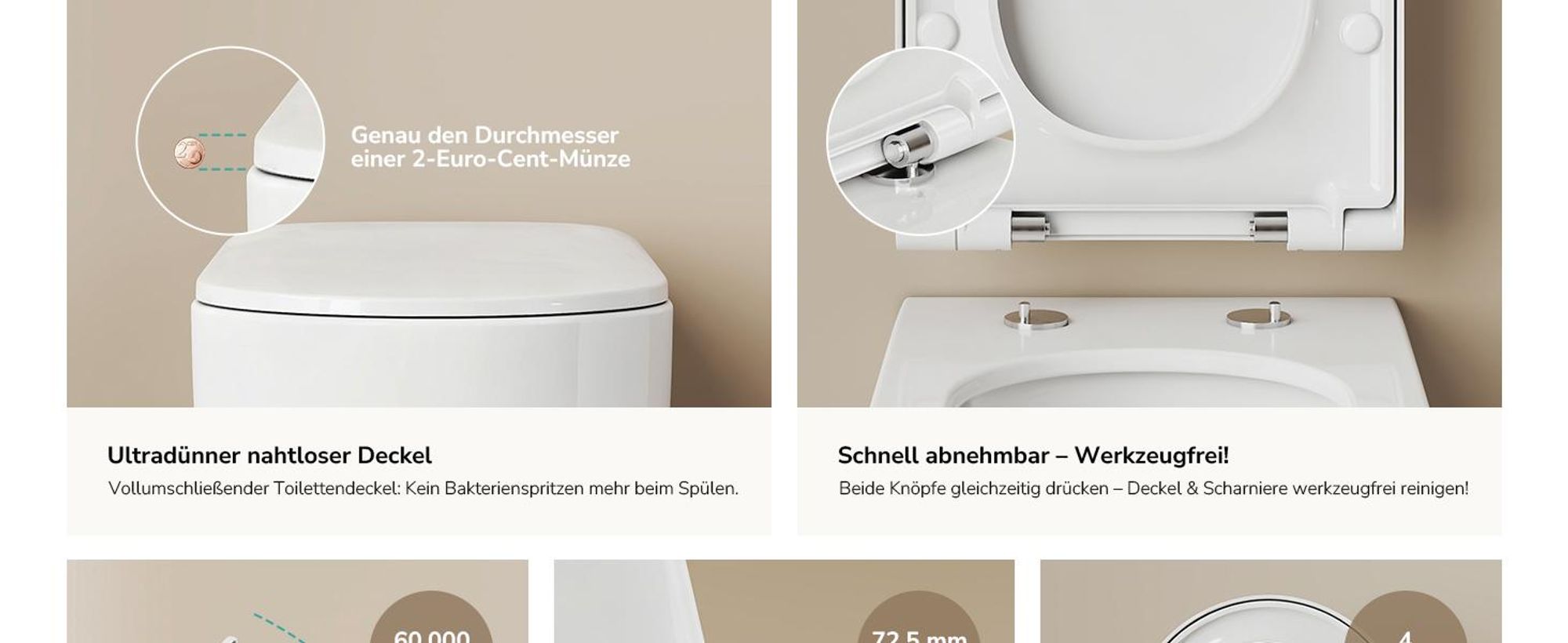 EMKE Hänge-WC Einloch Superspin Spülung 355x365x555mm Keramik Wassersparend Wandmontage Toilette mit Direktspülung Soft-Close Deckel Glänzendweiß