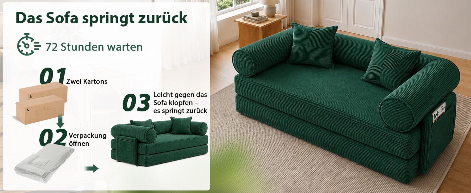 HOOLAMYIE 6-in-1 Modulares Schlafsofa aus Cord, Klappbares Polstersofa mit Seitentasche, montagefrei, Bodensofa 2-Sitzer, Grün