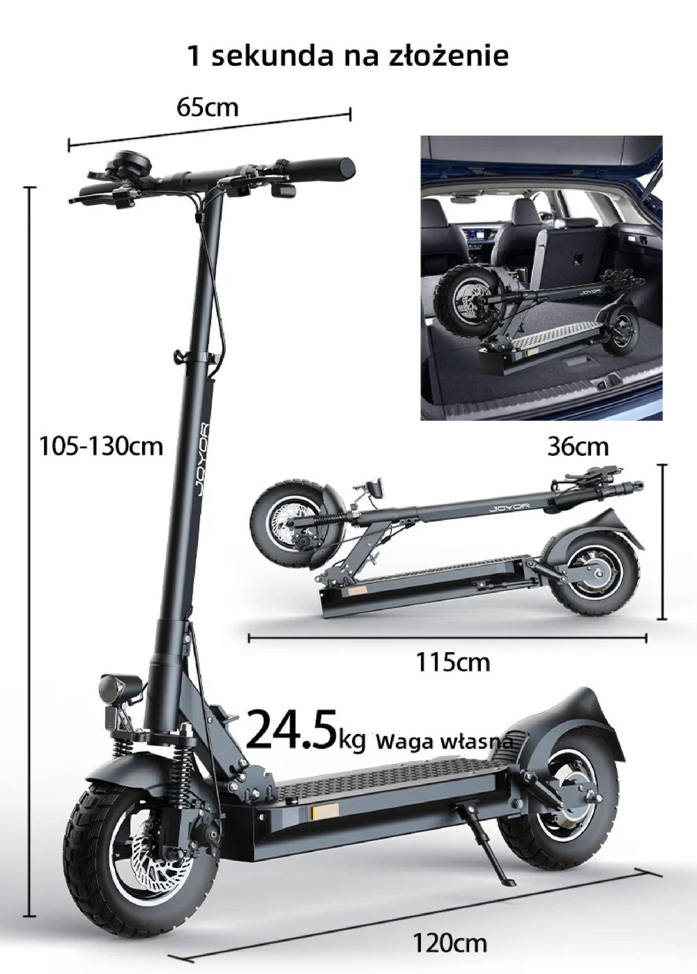 JOYOR Y8-S Certyfikat ABE Składana Hulajnoga Elektryczna - Silnik 500W Baterią 48V26AH 10-calowe Opony - Czarny