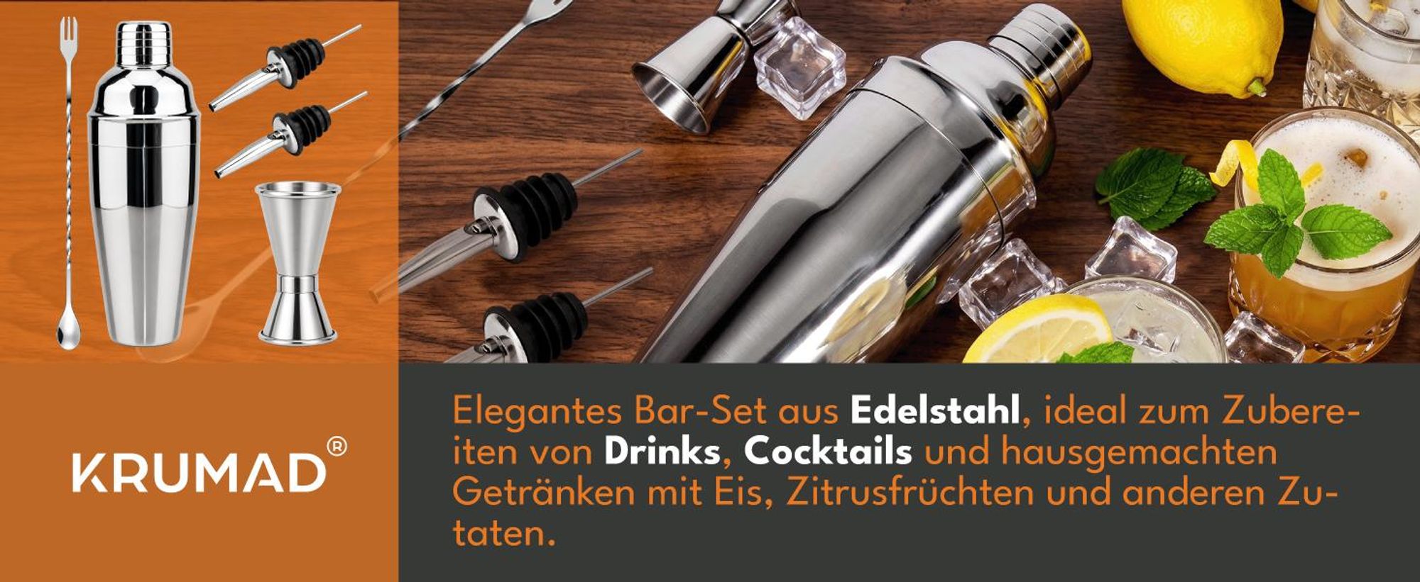 KRUMAD Cocktail Shaker Set 6-teilig, Edelstahl Barset 750 ml mit Messbecher, Barlöffel und Muddler, Cocktail Zubehör für Home Bar