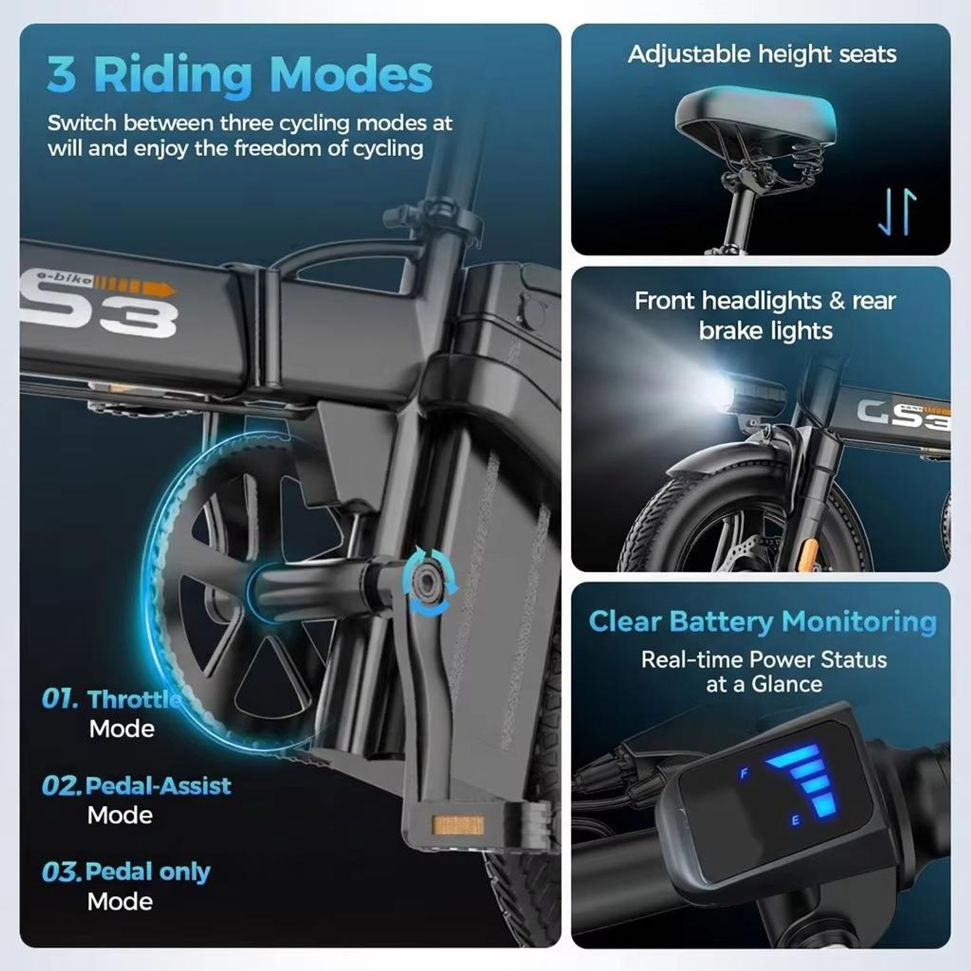 GS3 faltbares Elektrofahrrad für Erwachsene, 250W, 25 km/h, 48V 15Ah, abnehmbarer Akku, All-Terrain-Fettreifen, max. 120 kg Zuladung