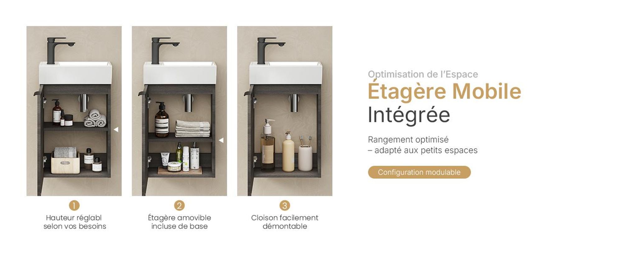 EMKE Ensemble de lavabos Meuble sous-lavabo avec vasque en céramique 417×240×646 mm suspendu, Soft-Close, gris bois