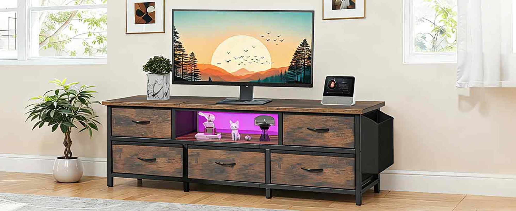 TV-Schrank, TV-Ständer Fernsehschrank, mit 5 Schubladen und LED, für Fernseher bis zu 55 Zoll, 160 x 35 x 55 cm, Braun