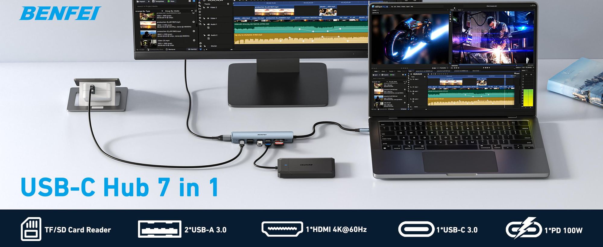 BENFEI Hubs USB C Hub 7in1 mit HDMI 4K 60Hz und 100W PD