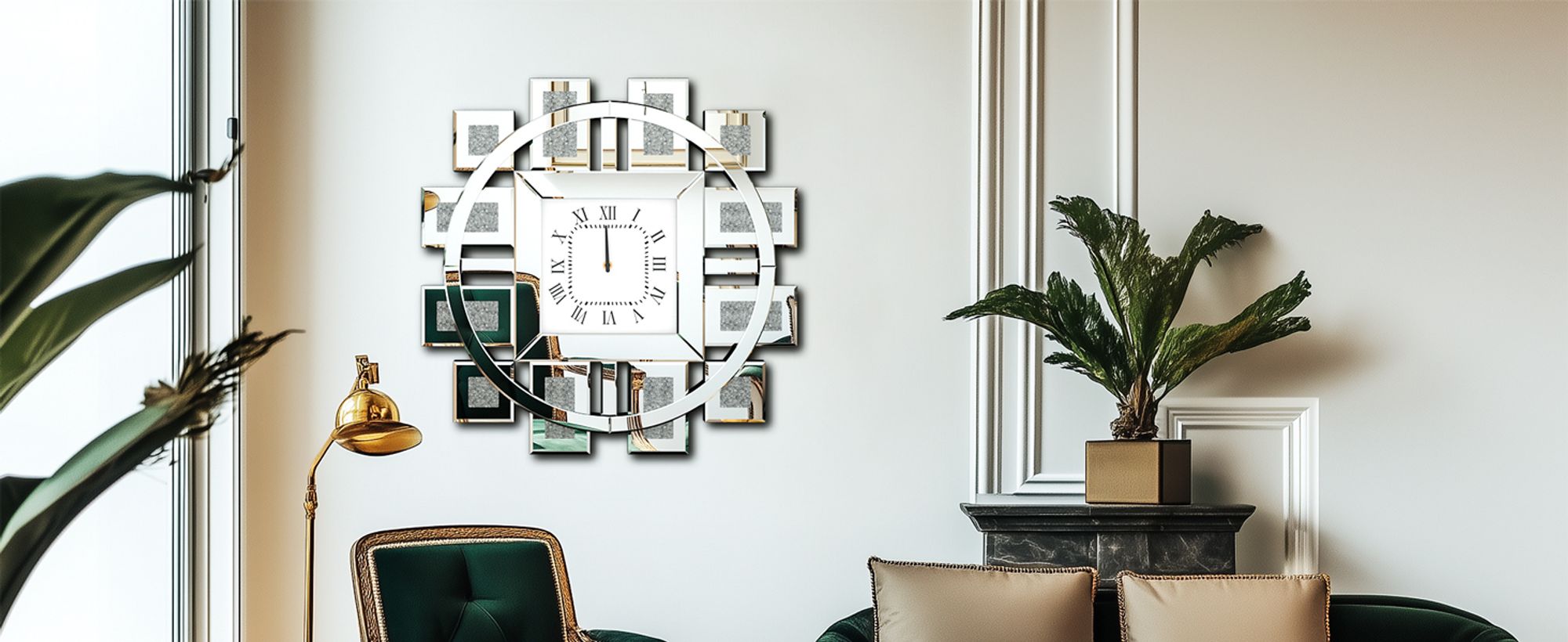WISFOR Wanduhr 80 cm, rund Dekouhr, Modern Atmosphera Küchenuhr Wohnzimmer Bürouhr, Leise Römischen Ziffernr, Glas, Silber