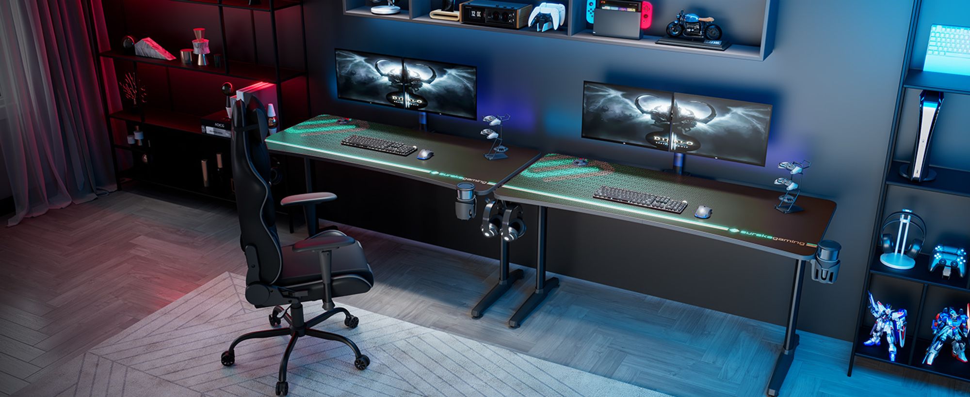 EUREKA ERGONOMIC Gamingtisch 152×70cm Gaming Schreibtisch Großer Computertisch Ergonomischer PC Tisch mit Kopfhörerhaken und Getränkehalter
