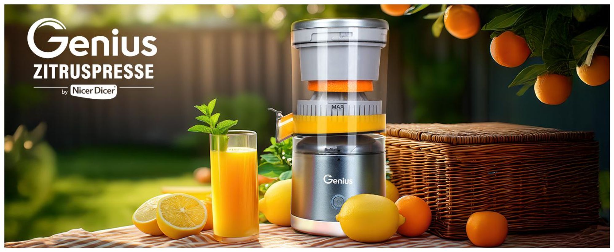 Genius Akku Zitruspresse by Nicer Dicer 6 tlg, elektrische Saftpresse, Orangenpresse Entsafter, Akkulaufzeit bis 25 Min, 45 W, Auffangbehälter 200 ML