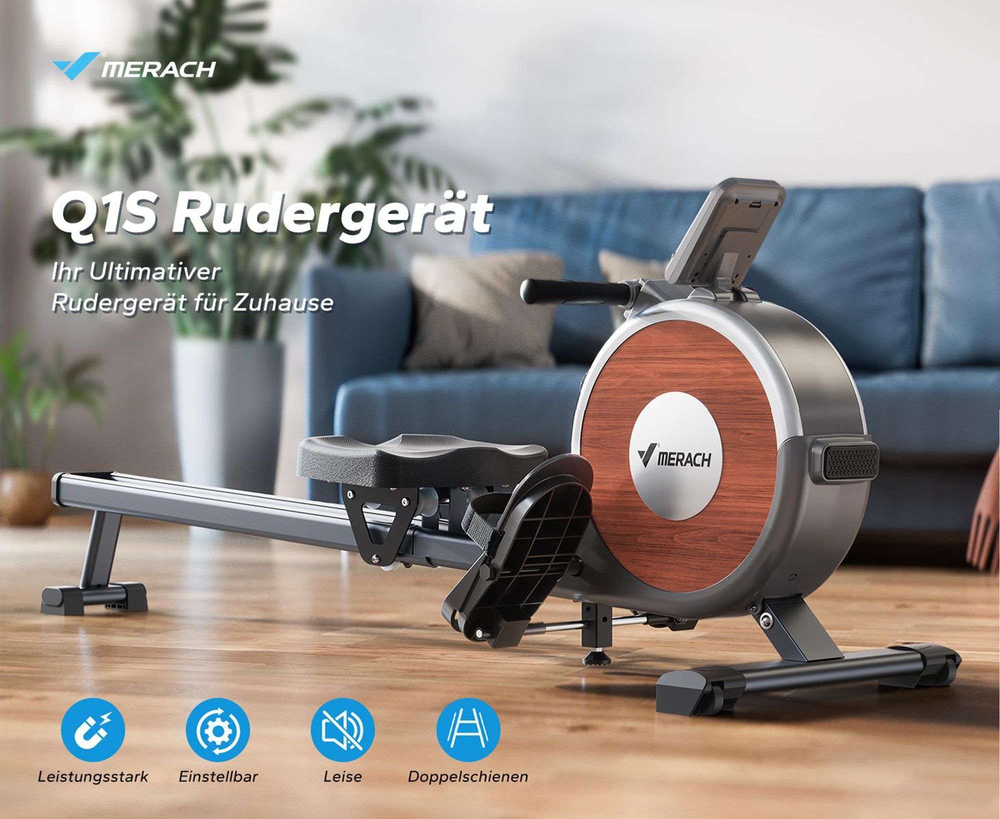 MERACH Leise Rudergerät für Zuhause – 16 Stufen Magnetisch Widerstand, Doppelschienen, App-Steuerung & Tablet-Halter, vertikal klappbar bis 158 kg