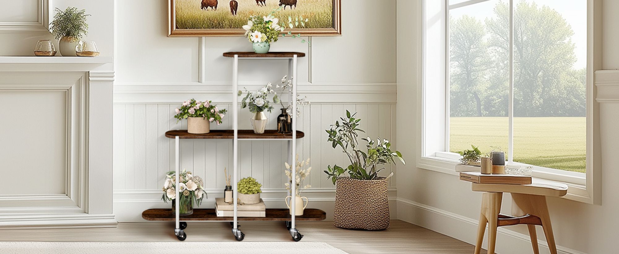 WISFOR Pflanzenregal rollbar, Blumenregal Blumenständer auf Rollen, Mehrstöckig Pflanzenständer Pflanzentreppe für Balkon Garten Terrasse,110x30x107cm